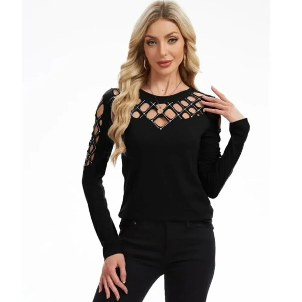 NEW Black Lattice Cutout Long Sleeve Top Edgy Chic Stretchy Crisscross Small - Picture 3 of 13
